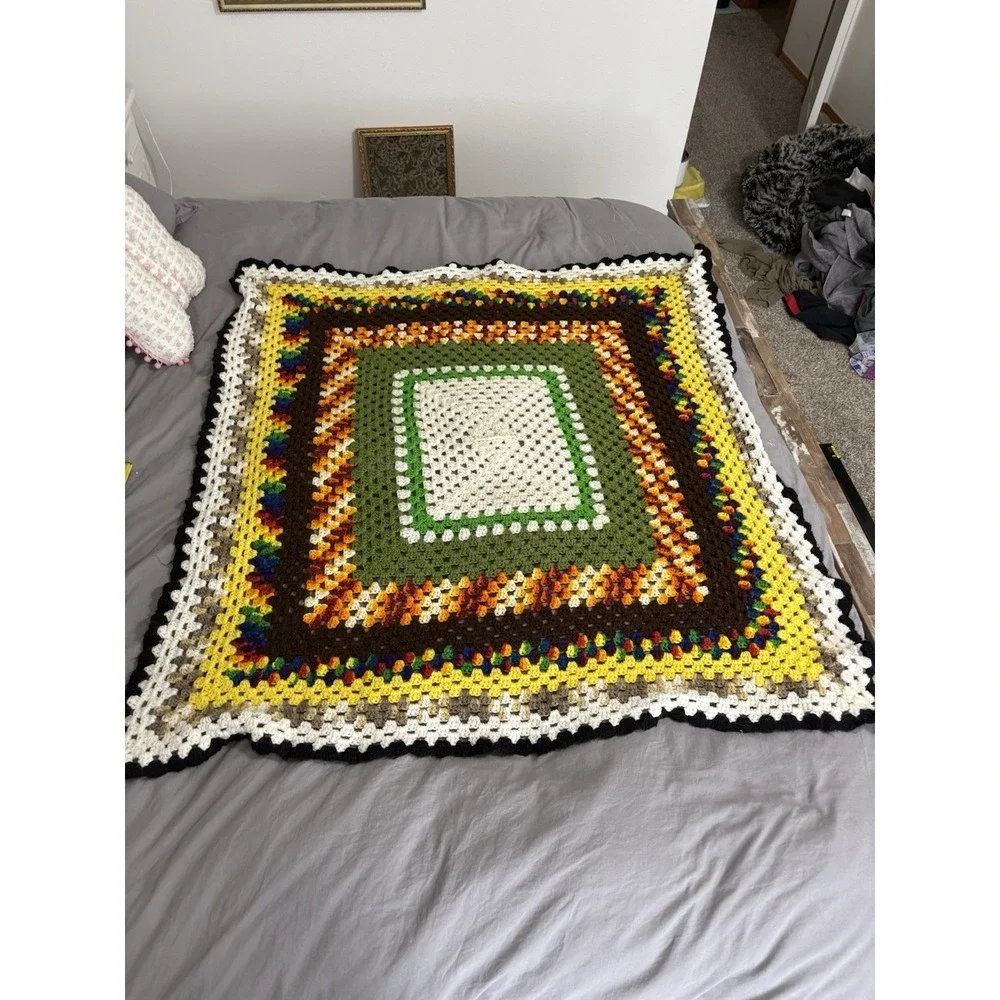 Handmade Vintage Crochet Blanket 70s Colors‎ Afghan Throw 45